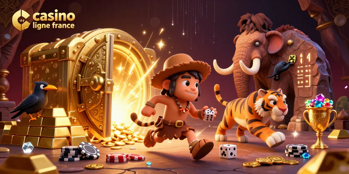 Découvrez un casino en ligne France animé avec un duo de personnages préhistoriques et une multitude de trésors scintillants.