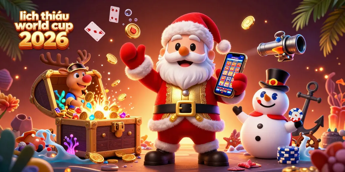 Spin the action with lịch thi đấu world cup 2026 as Santa and friends celebrate in a vibrant casino.