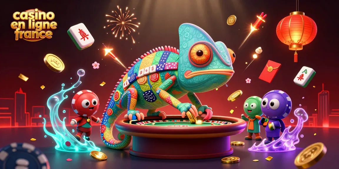 Illustration d'un caméléon propriétaire de casino en ligne France collectant des pièces d'or et observant une roulette.