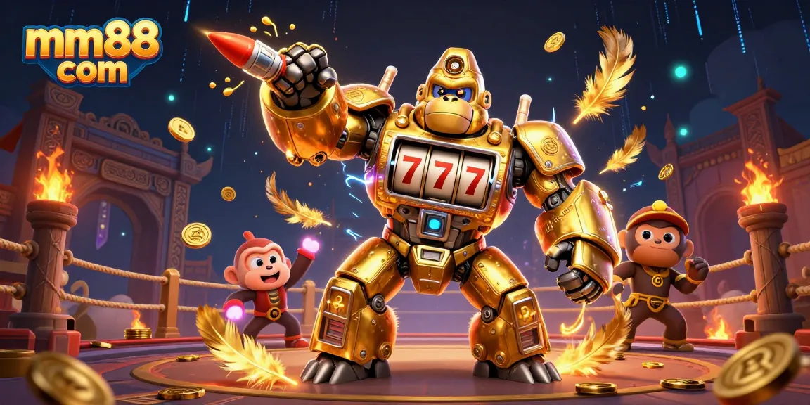 Experience the thrill with mm88 com's stunning graphics of a golden gorilla mech surrounded by vibrant casino elements.