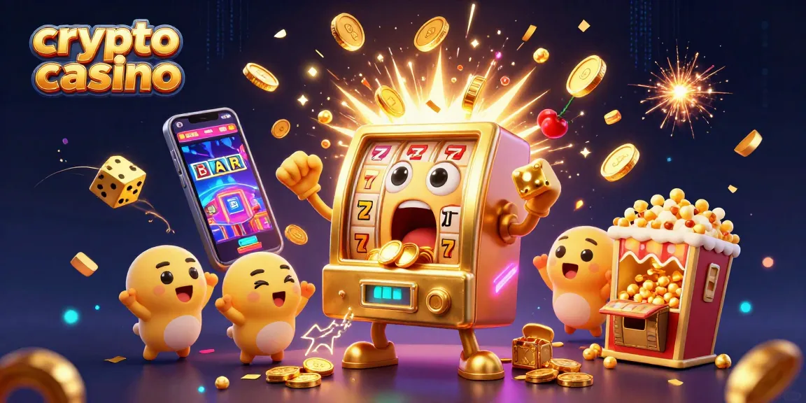 Machine à sous en or "casino crypto" gagnant un jackpot, entourée d'effets de jeu lumineux.