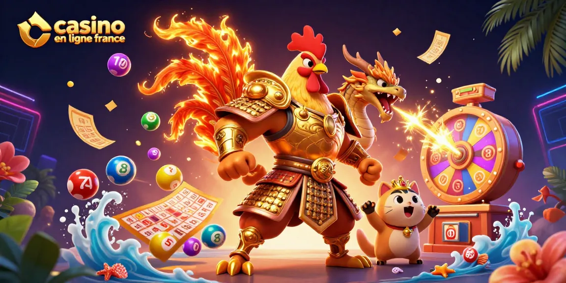 Profitez de jeux au casino en ligne France avec un guerrier coq et un dragon, vibrant de dynamisme.