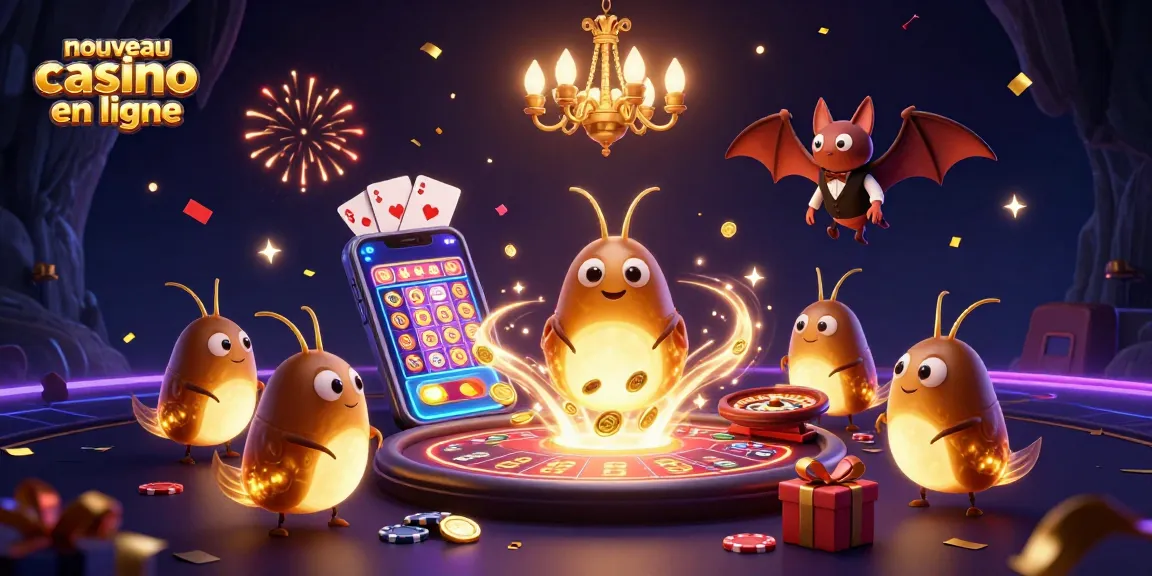 Scène captivante de vers luisants illuminant un nouveau casino en ligne avec des jeux colorés.