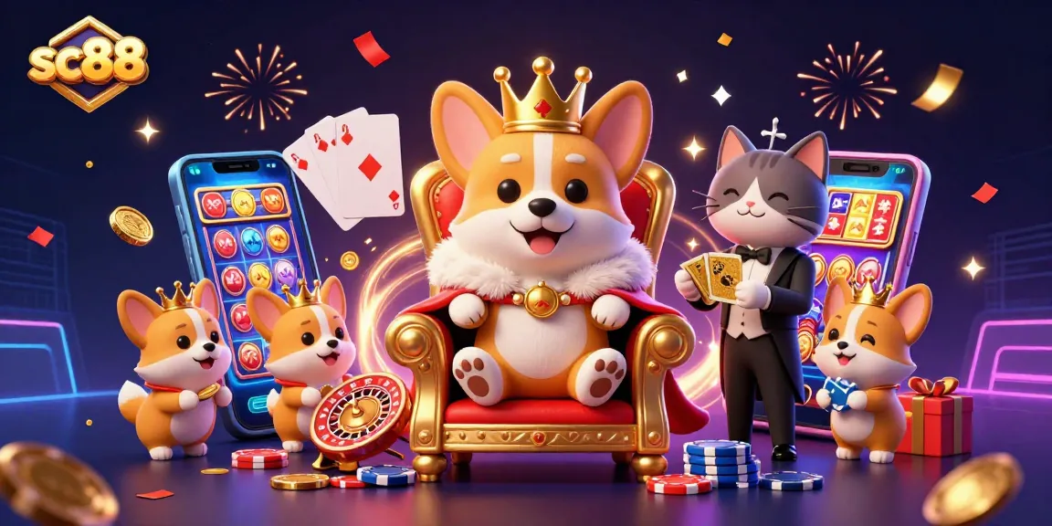 Celebrate wins at sc88 with a royal corgi and vibrant slot games illustration.