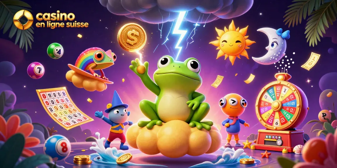 Une illustration vibrante d'un casino en ligne suisse montrant une grenouille sorcière, un caméléon hawaïen et des éléments de jeu, pleins d'énergie.