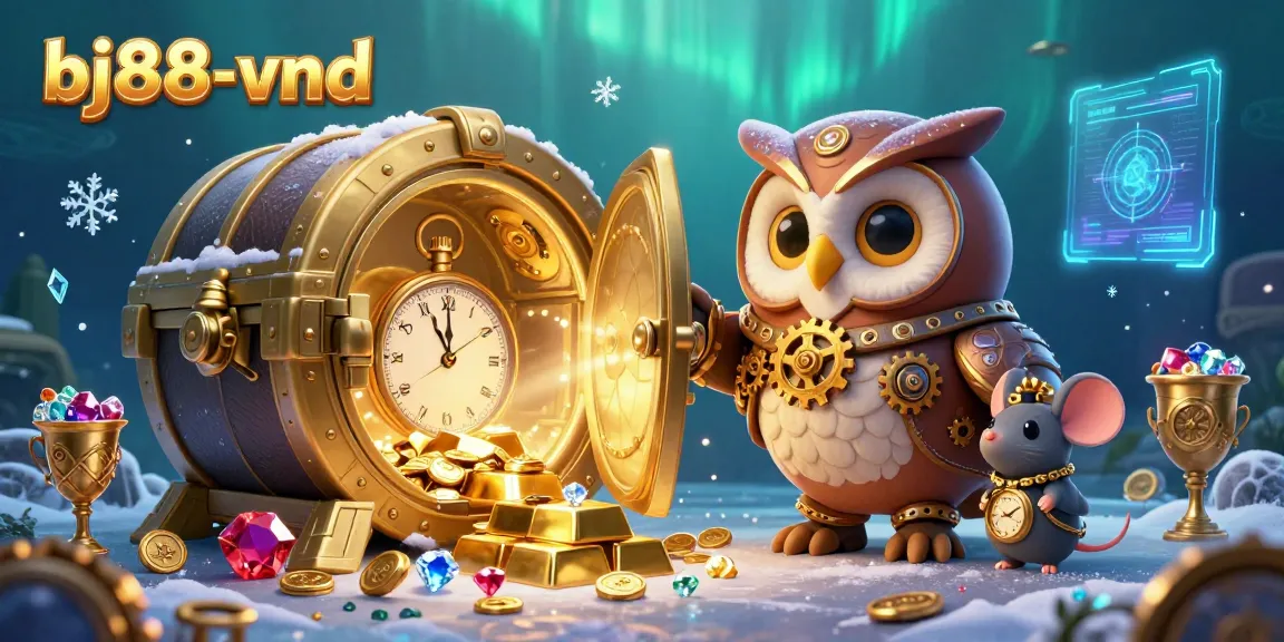 Engage with exciting casino adventures at bj88-vnd featuring a time-traveler owl among gold treasures and vibrant games.