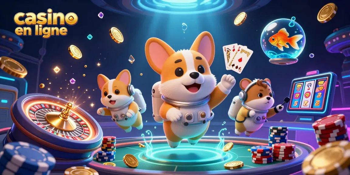 Profitez du jeu casino en ligne avec un chien astronaute et des éléments dynamiques flottants.