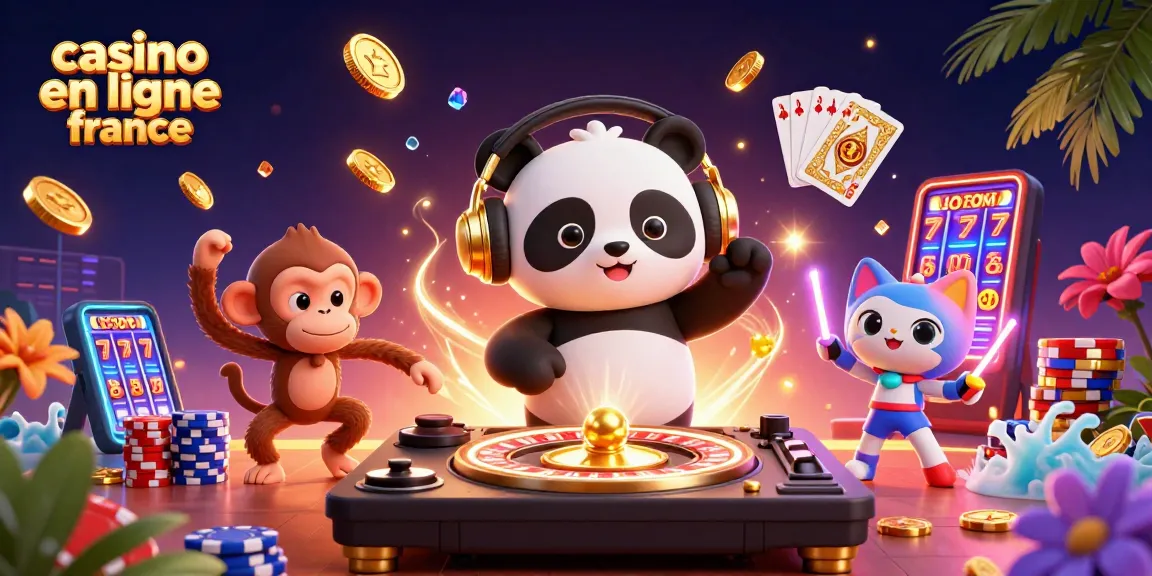 Un DJ panda et un singe dansent joyeusement dans un casino en ligne France avec des pièces d'or et des jeux de cartes.