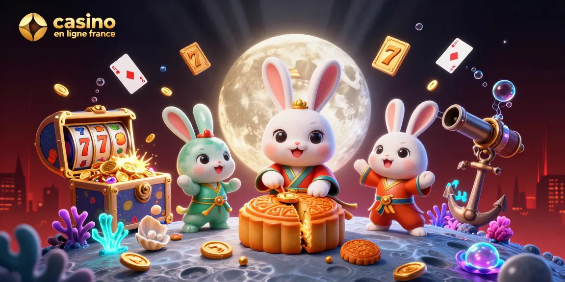 Illustration dynamique d'un casino en ligne France, avec un lapin et des éléments de jeu en 3D.
