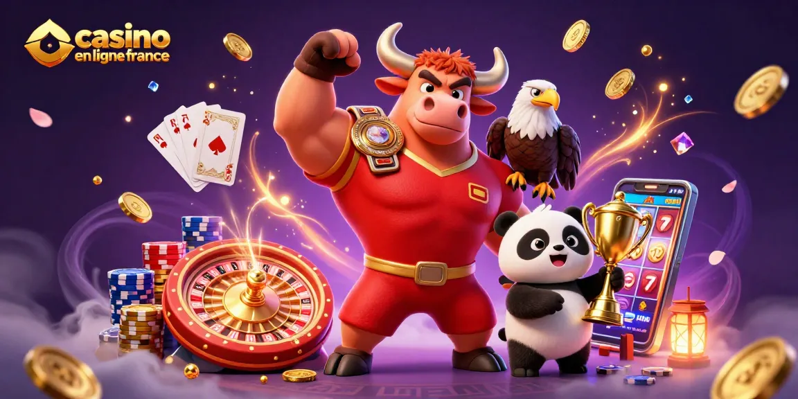 Profitez des joyaux du casino en ligne France avec un taureau gagnant, un aigle victorieux et un panda heureux.