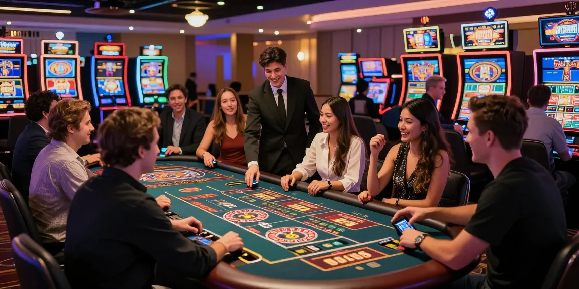 Ambiance d'un casino en ligne France, joueurs souriants et appareils modernes en action.