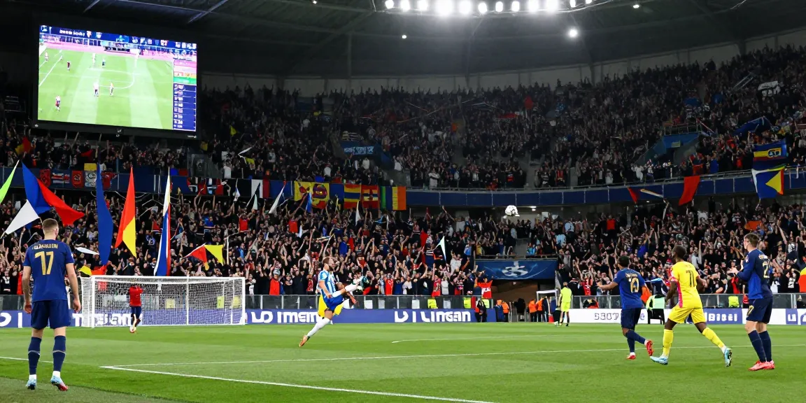 Vue passionnée du match de la ligue des champions de l'uefa avec des fans enjoués.
