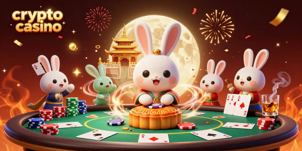 Illustration dynamique d'un crypto casino avec un lapin lunaire et des éléments de poker.