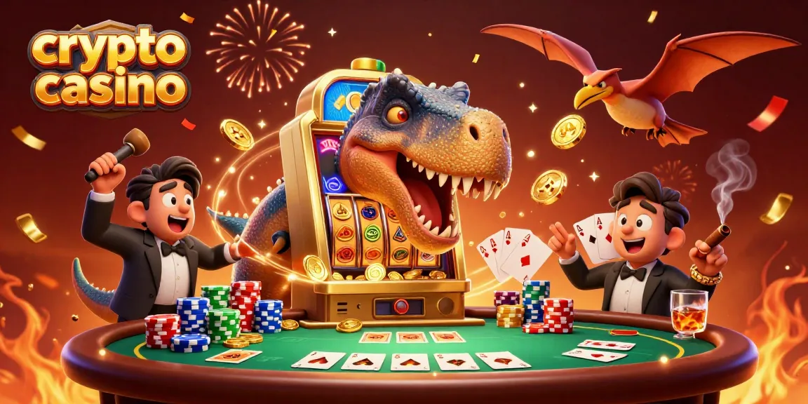La scène captivante d'un casino crypto où un pachycéphalosaure fait payer une machine à sous avec des pièces dorées.