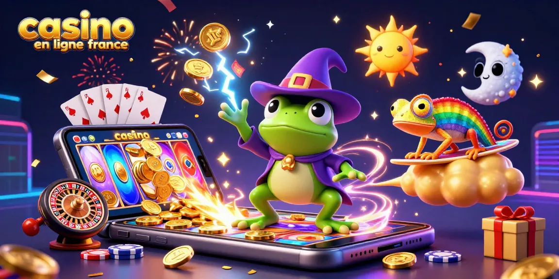 Gagnez gros au casino en ligne France avec une illustration dynamique de jeux, de pièces d'or et d'effets magiques.