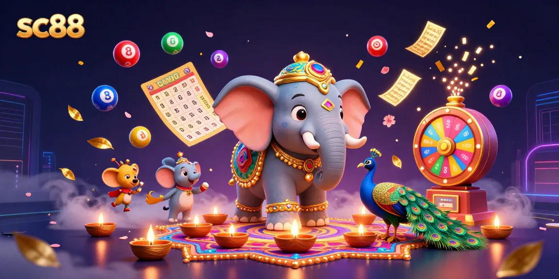 Experience the vibrant world of sc88 with a 3D cartoon Diwali-themed casino illustration featuring colorful lottery elements.